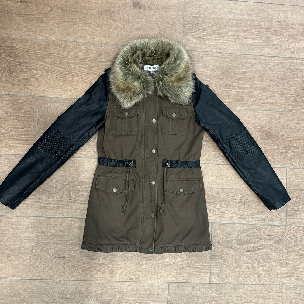 John + Jenn Olive and Black Utility Jacket with Faux Fur Trim